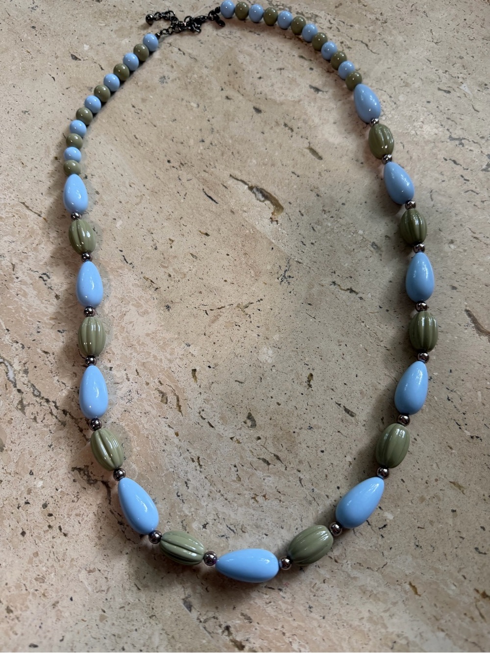 Joan Rivers Hematite Blue&Green Fluted Plastic Bead Necklace 34” Vintage Signed